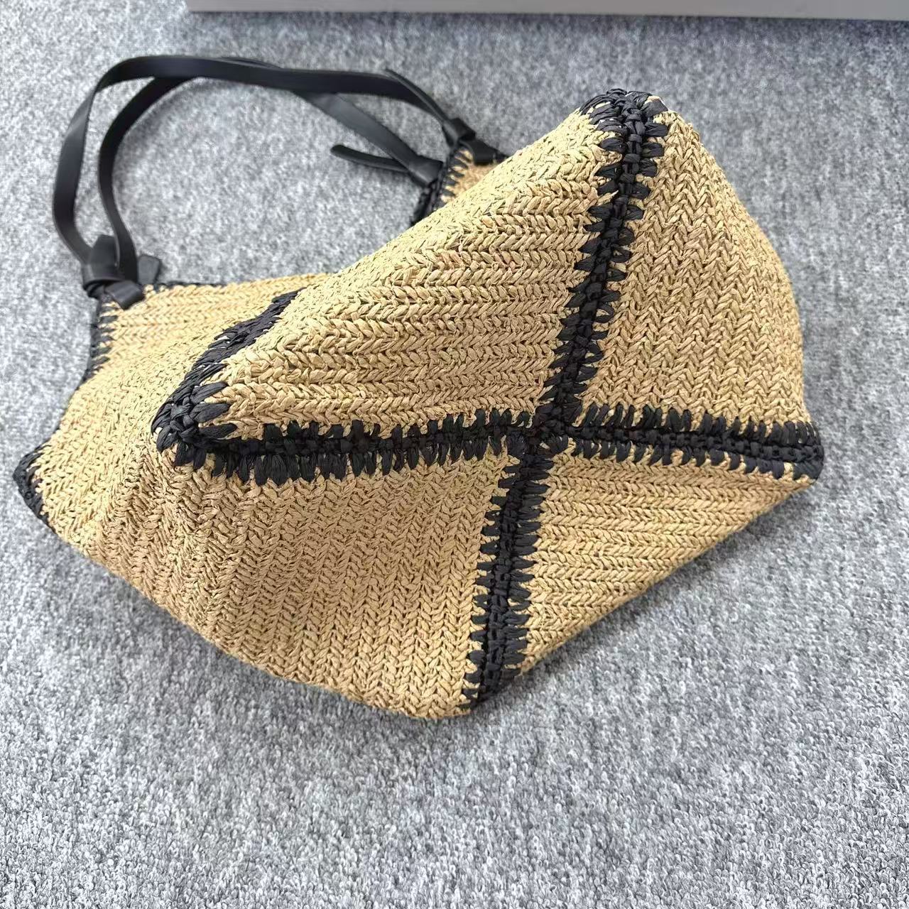 Slouchy Diagonal Stripe Straw Bag – Casual Black-Trim Handheld Tote, Beach Vacation Woven Purse