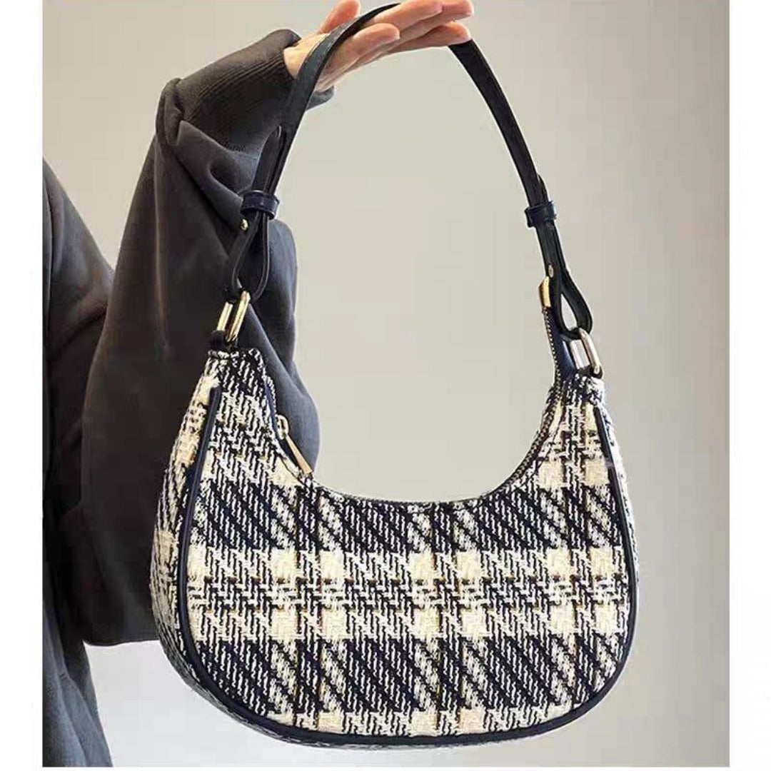 Designer women's bag summer, fashionable versatile plaid hobo bag small, crescent shoulder handbag, small shoulder purse for women