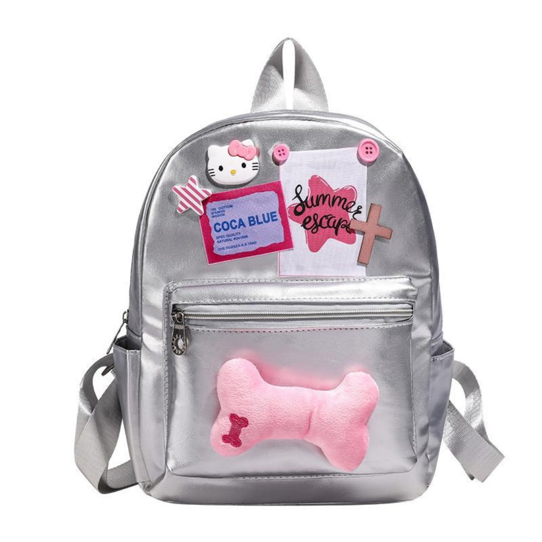 Silver metallic backpack purse for girls, school bag pink, star bone backpack fashion stylish women