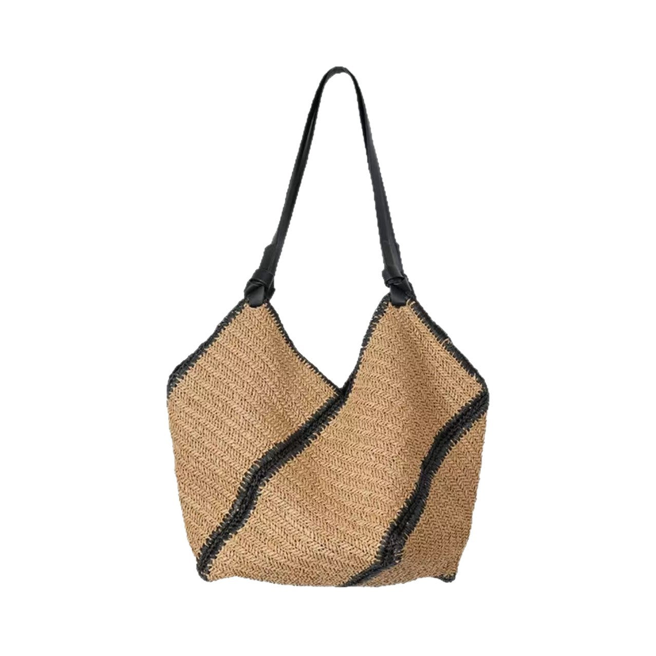 Slouchy Diagonal Stripe Straw Bag – Casual Black-Trim Handheld Tote, Beach Vacation Woven Purse