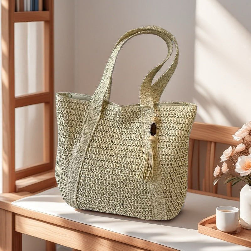 Wooden Bead Tassel Handwoven Bag – Large Straw Tote, Vacation Beach Shoulder & Hand Purse