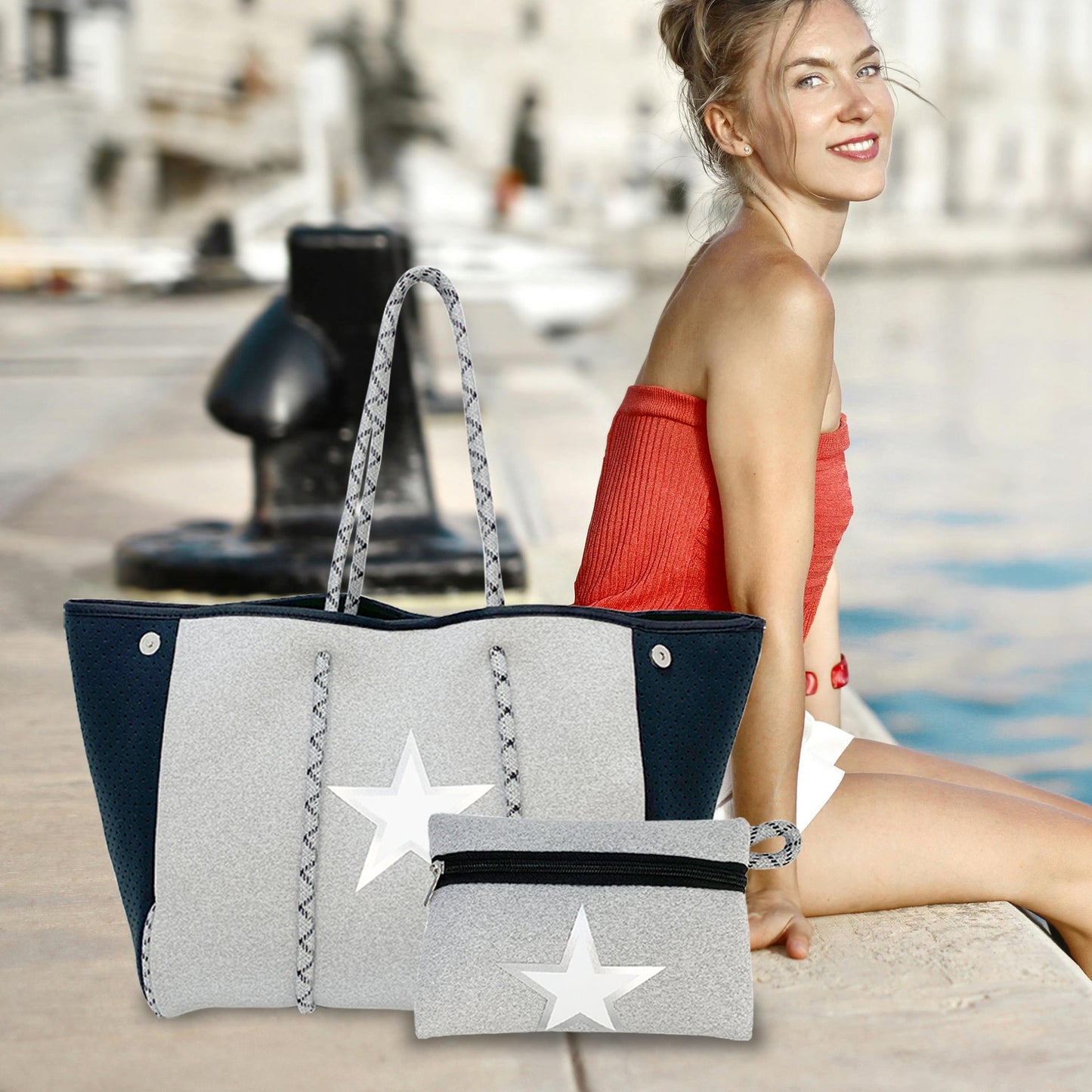 Neoprene Perforated Beach Bucket Bag – Two-in-One Mother-Child Tote, Large Swimming Sand-Proof Purse