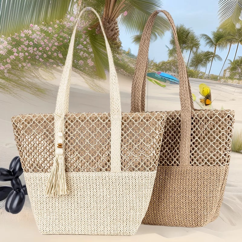 Minimalist Large Straw Shoulder Bag – Paper Rope Woven Tote, Casual Phoenix Eye Beach Purse