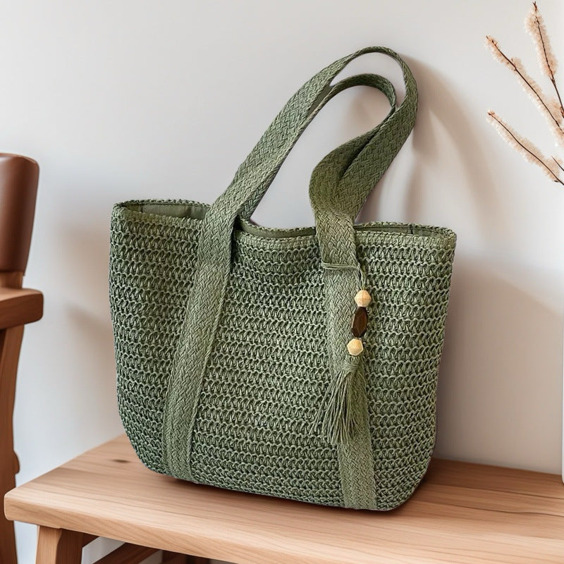Wooden Bead Tassel Handwoven Bag – Large Straw Tote, Vacation Beach Shoulder & Hand Purse