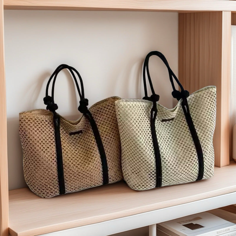 Hollow-Out Paper Rope Woven Tote – Large Straw Shoulder Bag, Commuter Beach Portable Purse