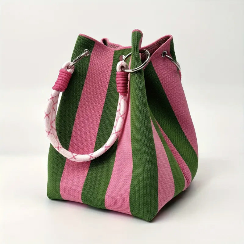 Woven Bucket Bag – Fashion Knit Handbag, Lucky Drawstring Shoulder Purse, Women’s Vacation Tote