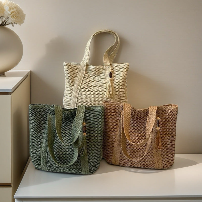 Wooden Bead Tassel Handwoven Bag – Large Straw Tote, Vacation Beach Shoulder & Hand Purse