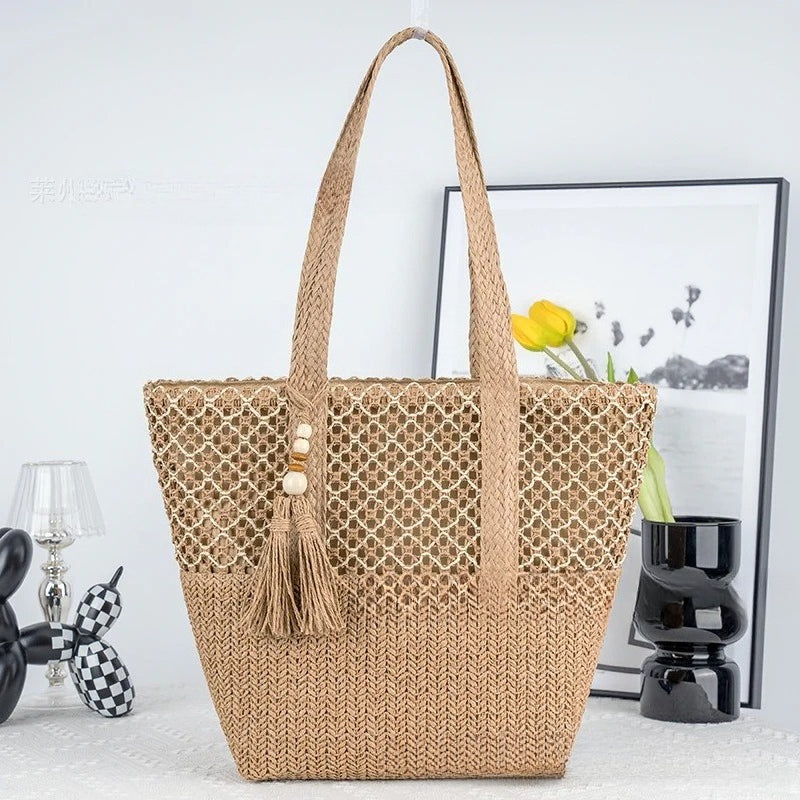 Minimalist Large Straw Shoulder Bag – Paper Rope Woven Tote, Casual Phoenix Eye Beach Purse